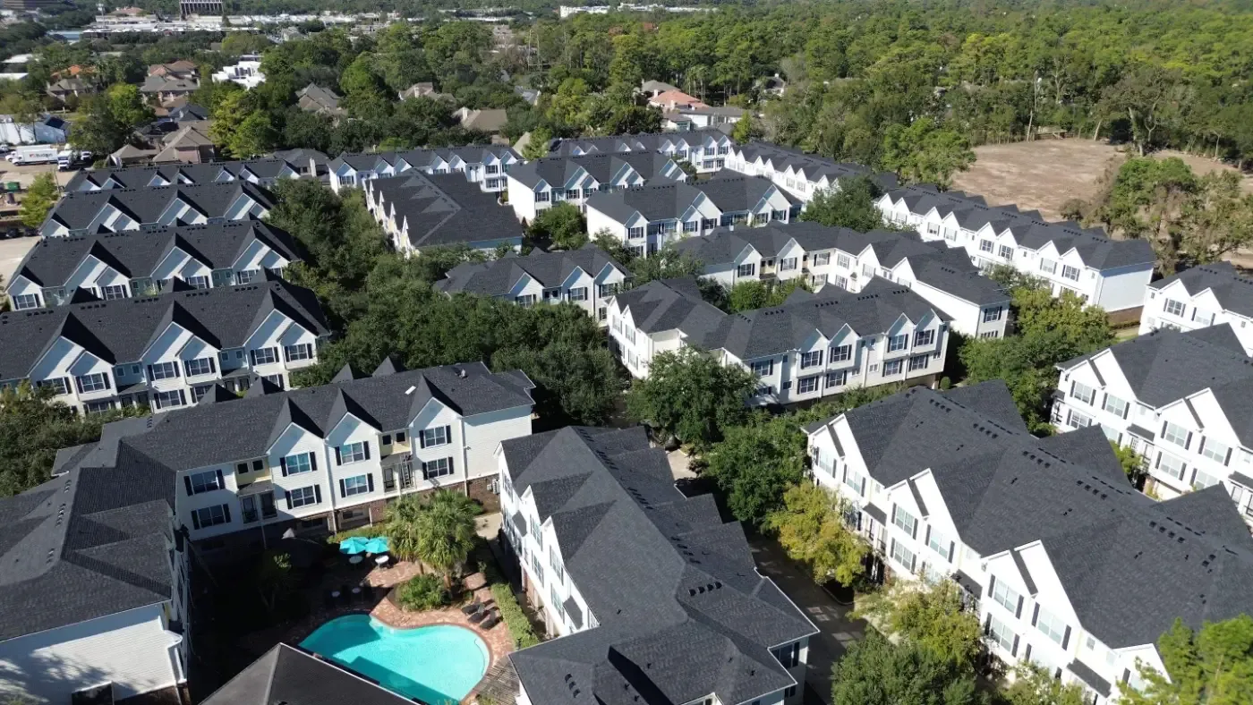 Ariel shot of multi-family roof replacement project done by Houston Roofing & Construction